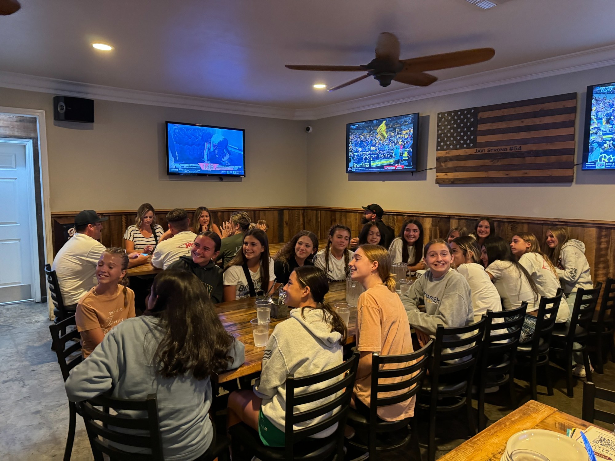 The team sharing a meal together