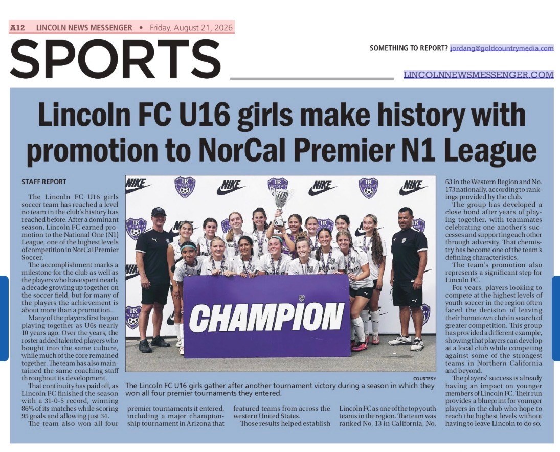Newspaper coverage of Lincoln FC U16 girls earning promotion to NorCal Premier N1 League